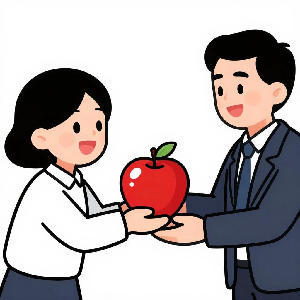 Eine Person, die einer anderen Person einen glänzenden roten Apfel und ein breites, übertriebenes Lächeln anbietet.