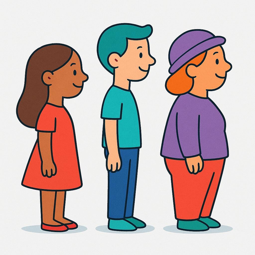 Three stylized people standing in a straight line, waiting patiently.