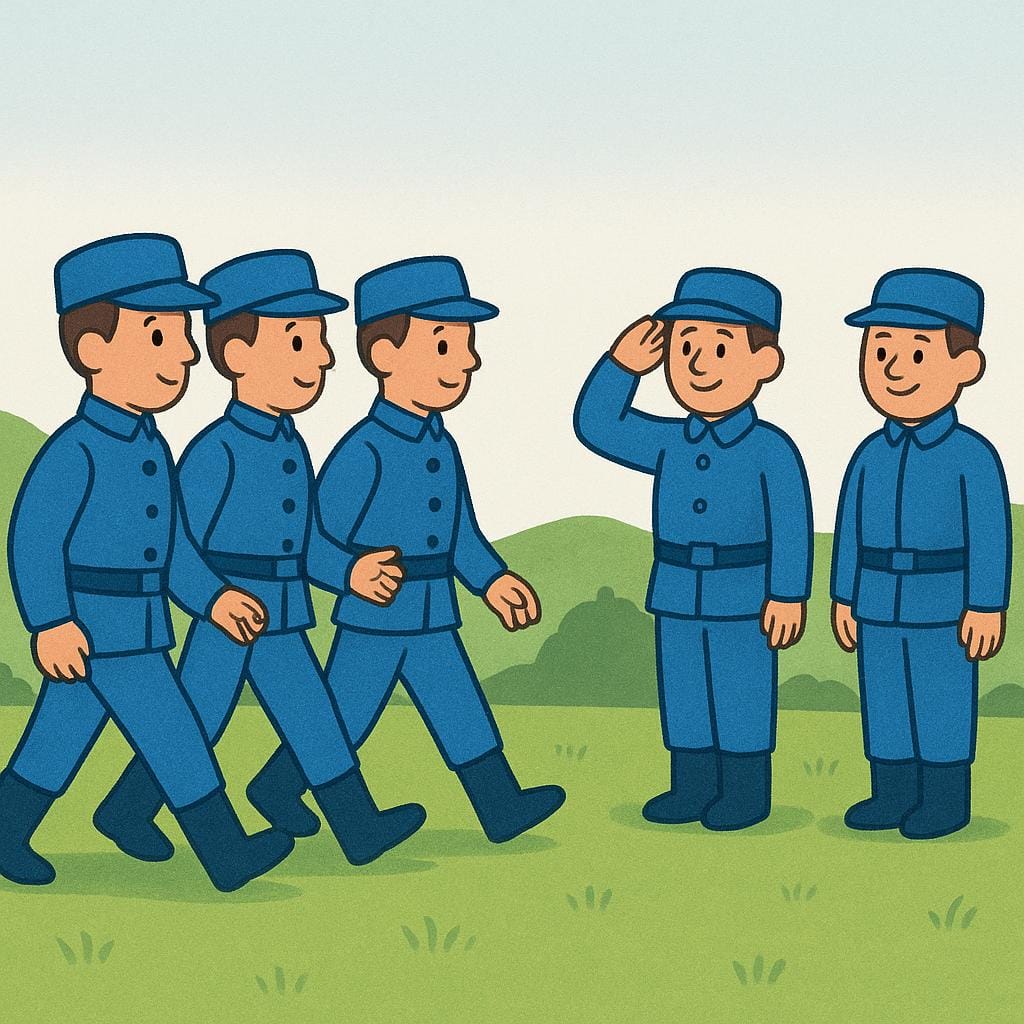 A storybook illustration showing three soldiers marching toward a small group of two soldiers already positioned, symbolizing arriving military aid.