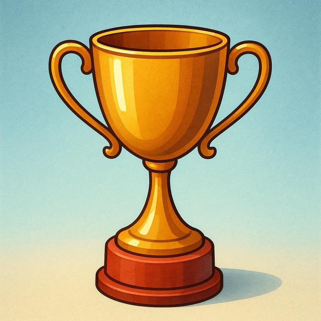 A tall, gleaming golden trophy sitting on a small pedestal, signifying a prize for achievement.