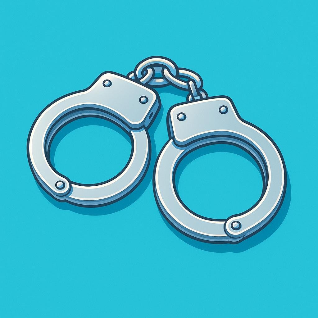 A close-up view of a pair of simple, shiny silver handcuffs resting on a brightly colored surface.