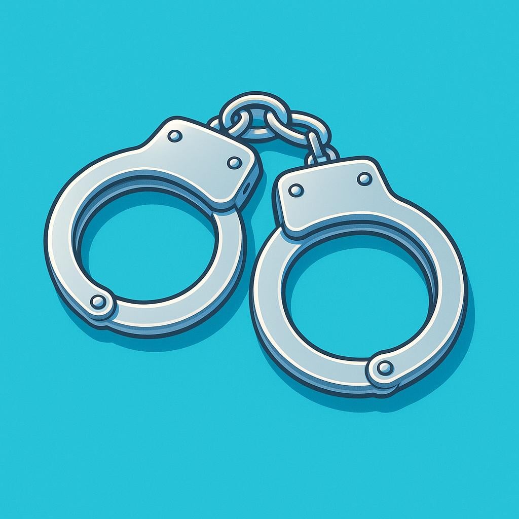 A close-up view of a pair of simple, shiny silver handcuffs resting on a brightly colored surface.