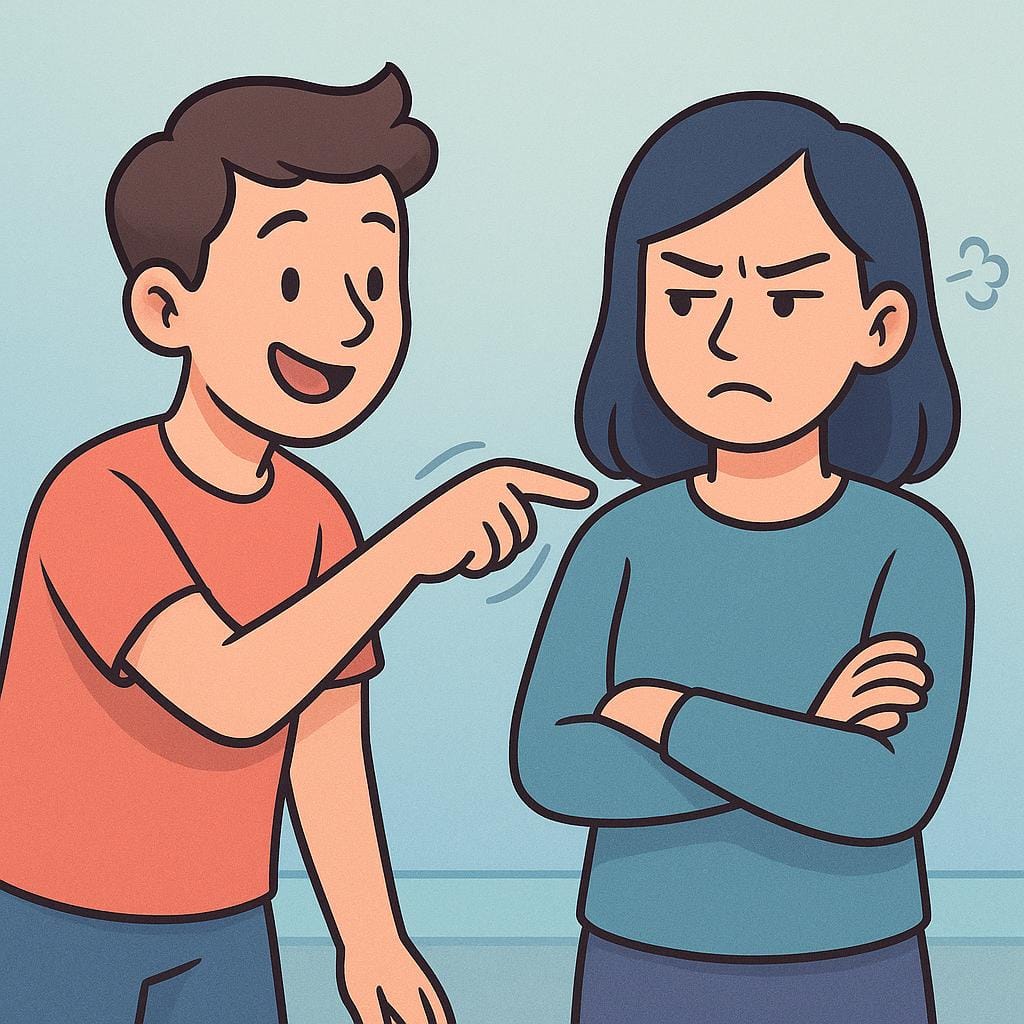An illustration showing one person repeatedly poking another person's shoulder with a finger. The person being poked has an annoyed expression and crossed arms.