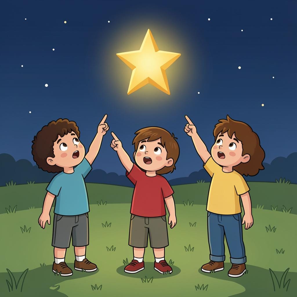 Um grupo de três crianças paradas juntas, olhando para uma grande estrela brilhante no céu noturno com expressões de admiração e convicção compartilhada.