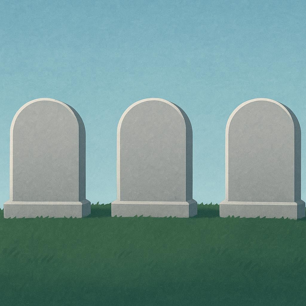 A high quality storybook illustration showing three simple, identical gray gravestones lined up on a dark green grassy mound under a somber sky, symbolizing multiple fatal events.