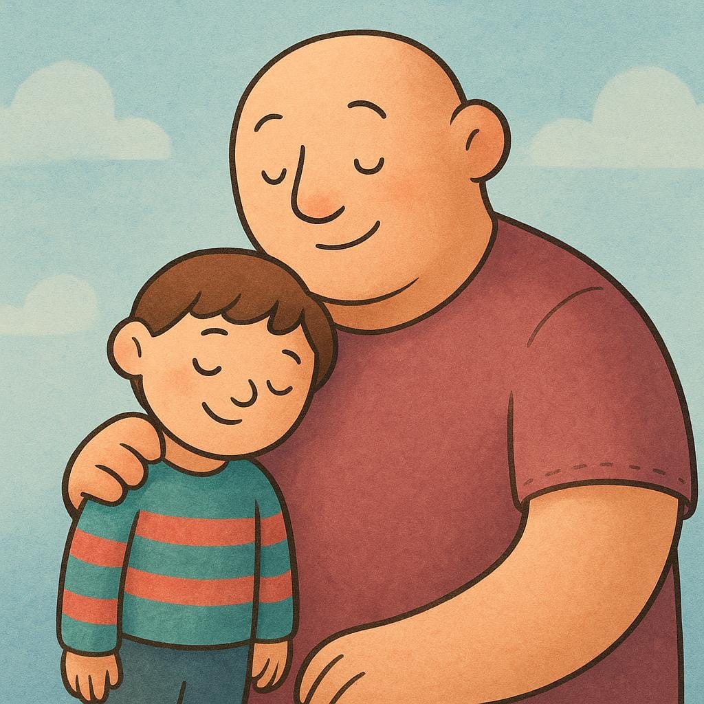 Eine kleine Figur lehnt sich sicher an eine viel größere, unterstützende Figur, was Abhängigkeit und Vertrauen symbolisiert.