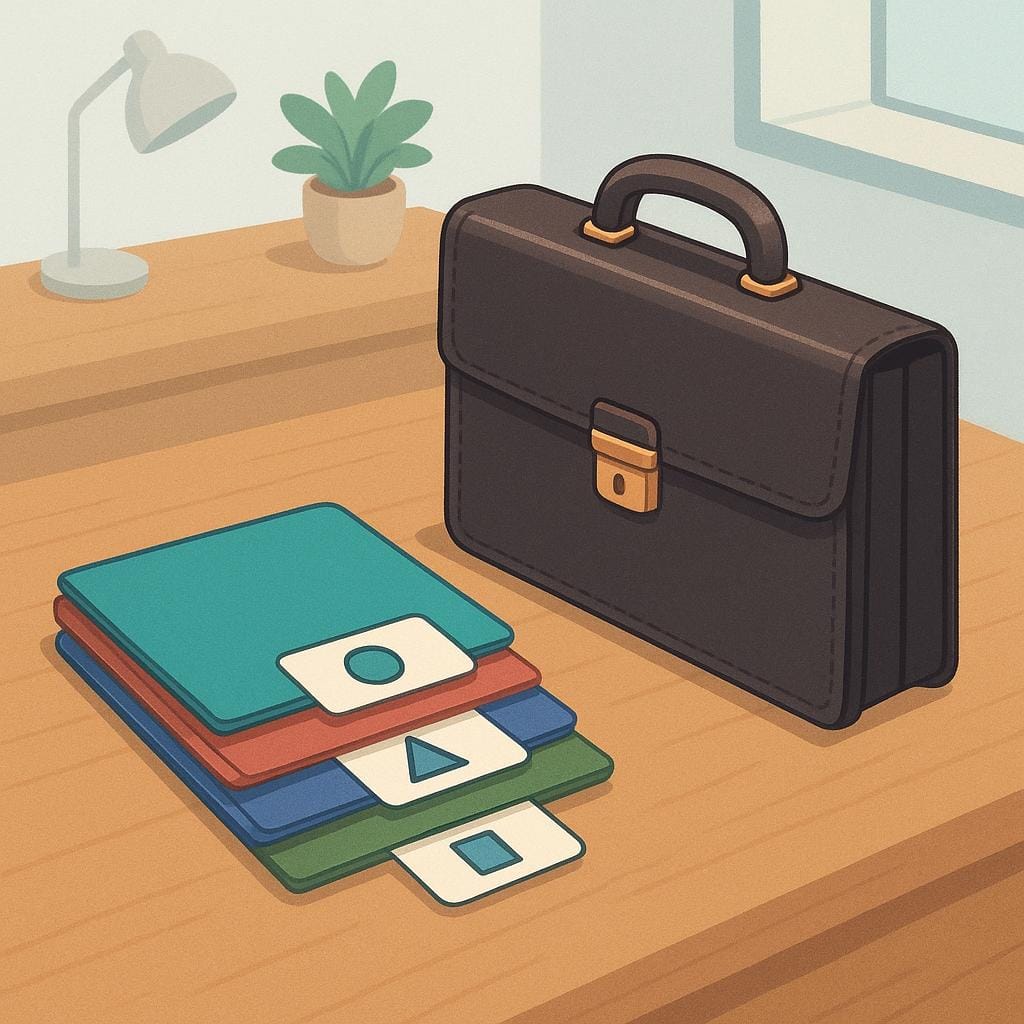A simple illustration of a professional office desk featuring a closed leather briefcase and several neatly stacked file folders, representing professional business or affairs.