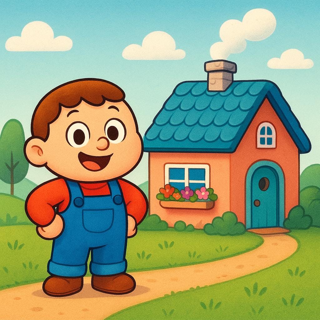 Une personne de dessin animé joyeuse debout devant une maison simple et vivement colorée avec une porte accueillante, suggérant la résidence.