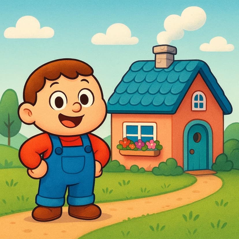 A cheerful cartoon person standing outside a brightly colored, simple house with a welcoming doorway, suggesting residence.