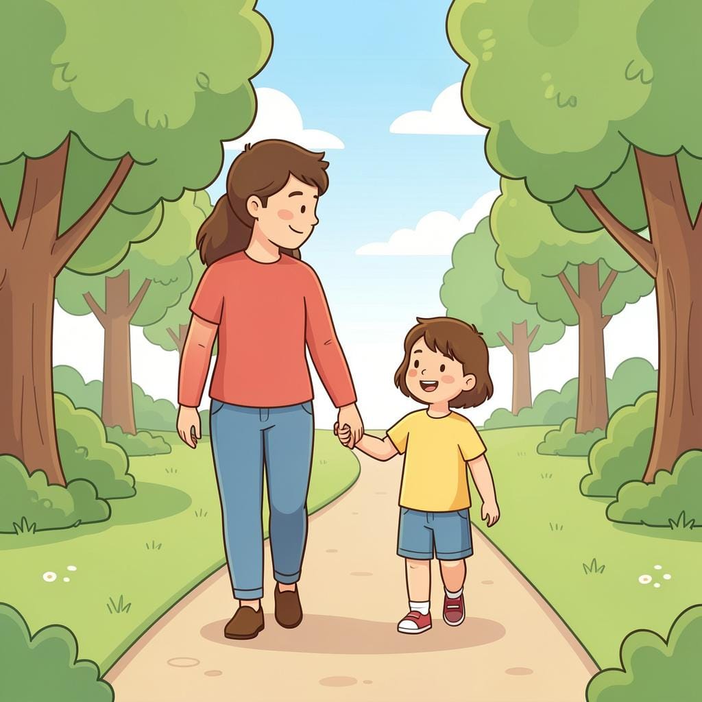 An adult holding a child's hand while walking through a park.