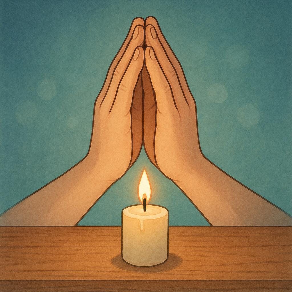 An illustration of two hands pressed together in a solemn, prayerful gesture above a single brightly burning candle on a simple wooden altar, symbolizing a sacred promise.