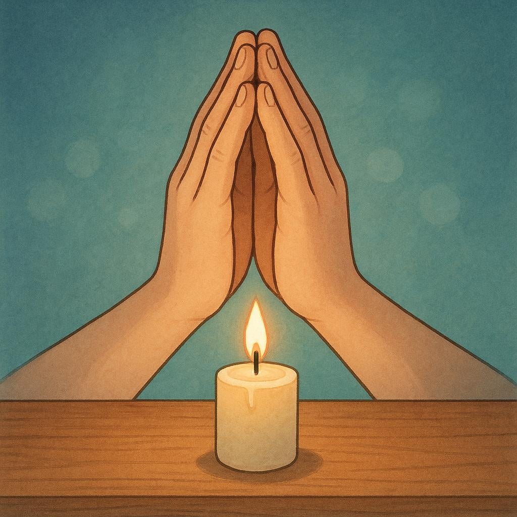 An illustration of two hands pressed together in a solemn, prayerful gesture above a single brightly burning candle on a simple wooden altar, symbolizing a sacred promise.