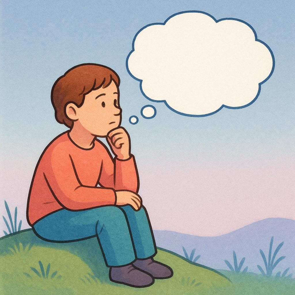 Une personne solitaire assise tranquillement, regardant au loin avec une expression contemplative, tenant son menton. Une bulle de pensée vide flotte au-dessus de sa tête, symbolisant l'action future de penser.