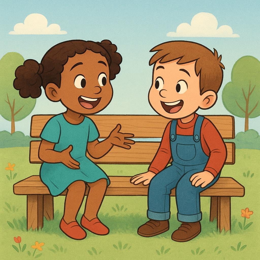 A high quality storybook illustration showing two cartoon children sitting on a wooden bench in a sunny park, leaning toward each other and having an animated conversation.