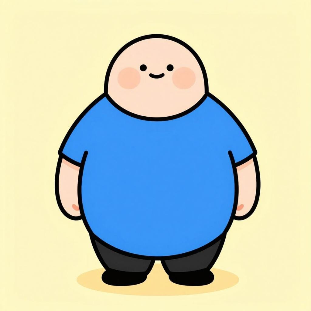 A colorful storybook illustration of a very round, stout person with a large circular body shape.