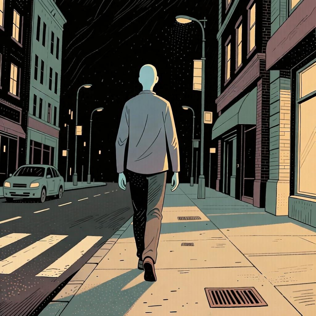 A generic, featureless person seen from behind walking down a city street, representing 'one' or 'someone' in a general sense.