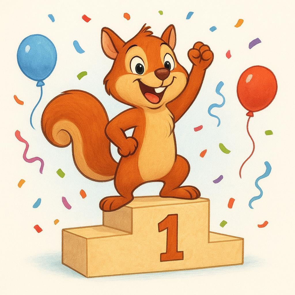 A colorful illustration of a cheerful squirrel on a winner's podium, celebrating its success with an excited gesture.