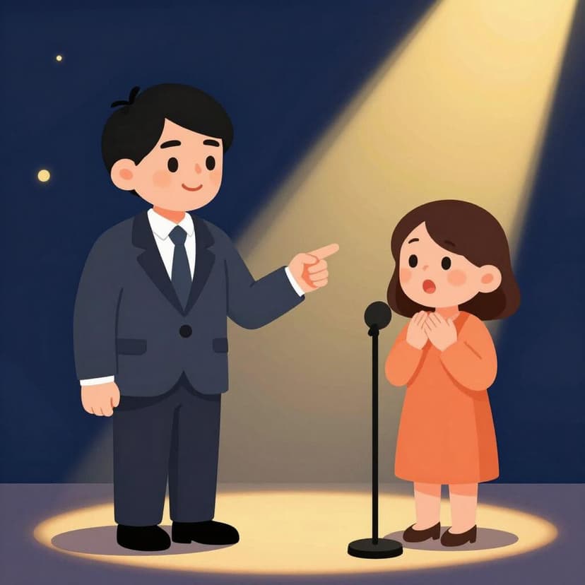 Eine Person, die auf eine Kandidatin auf einer Bühne zeigt, um sie für eine Auszeichnung vorzuschlagen.