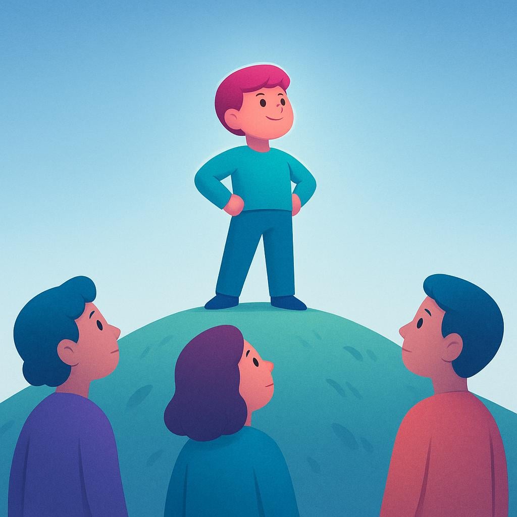 A small, brightly colored, confident figure stands on a slight elevation. Three larger, simple figures below look up at the elevated figure with focused attention, symbolizing influence or power.