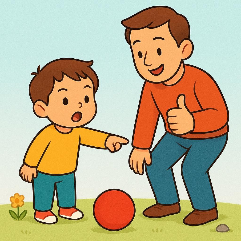An adult giving a strong thumbs-up gesture and nodding vigorously in agreement with a child who is pointing at an object, symbolizing the interjection 'Exactly!'