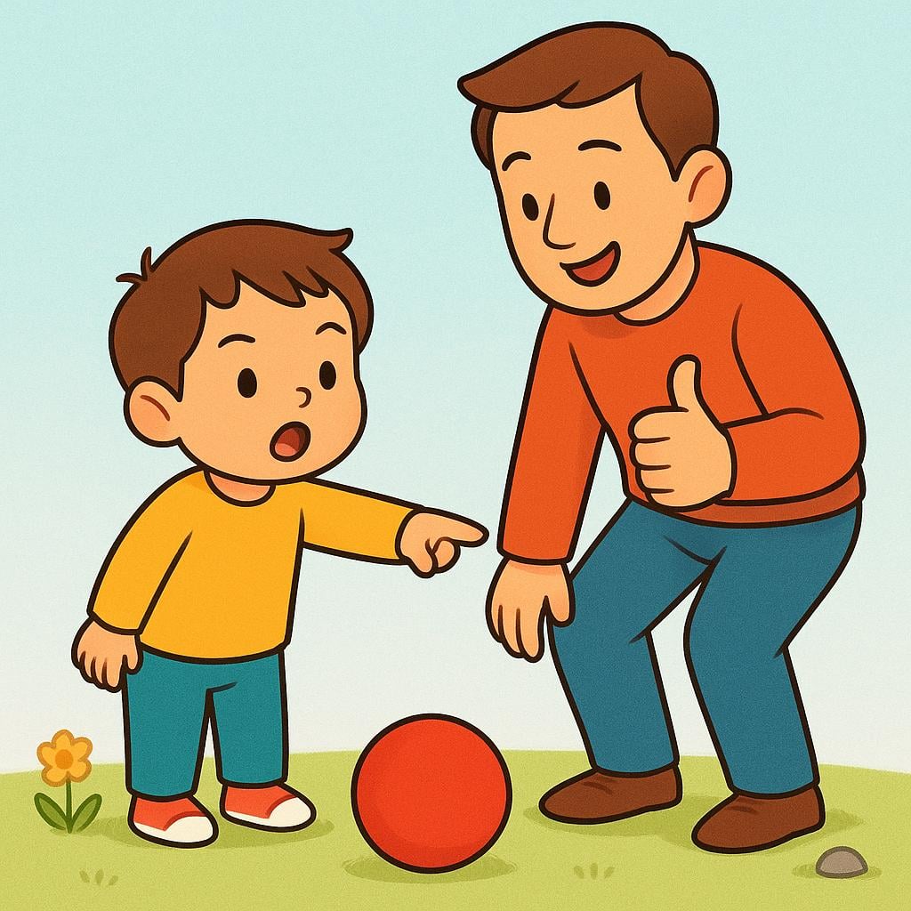 An adult giving a strong thumbs-up gesture and nodding vigorously in agreement with a child who is pointing at an object, symbolizing the interjection 'Exactly!'