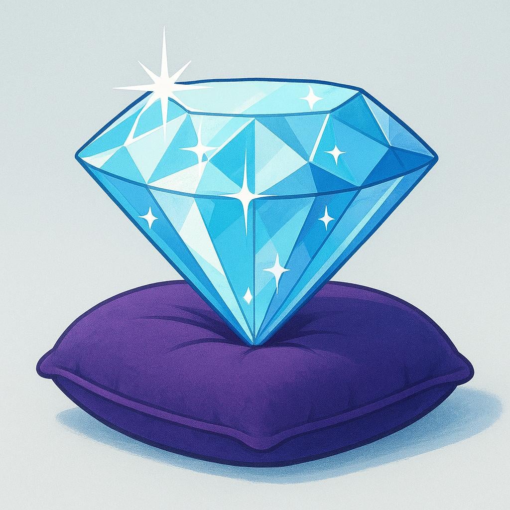 A large, perfectly cut, intensely sparkling stylized diamond resting on a simple, deep purple velvet cushion, symbolizing something amazing or fantastic.