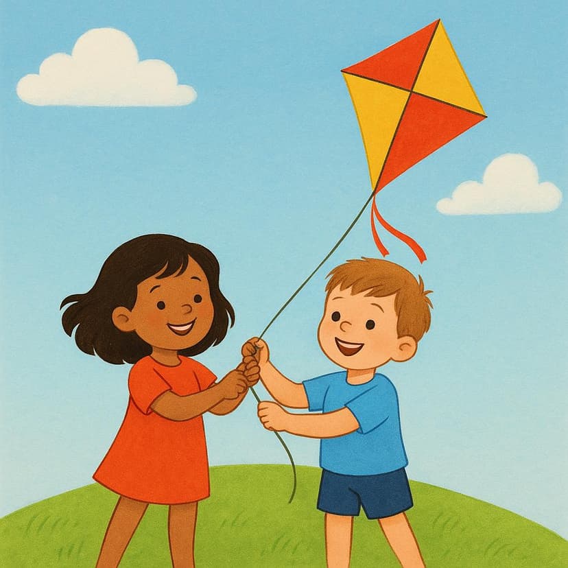 Two happy children standing on a green hill, jointly holding the string of a large, bright red and yellow kite flying high above them.