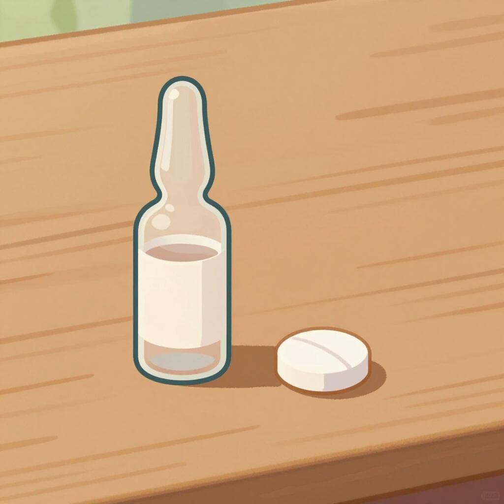 Une petite fiole en verre de liquide ambré et un seul comprimé blanc sur une surface propre.