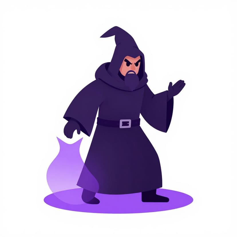 A wizard wearing a dark robe casting a shadow with a glowing purple aura, looking very angry.