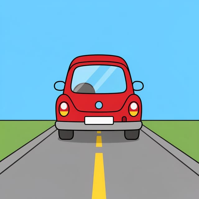 A small red car moving backward away from a stop line on a paved road.