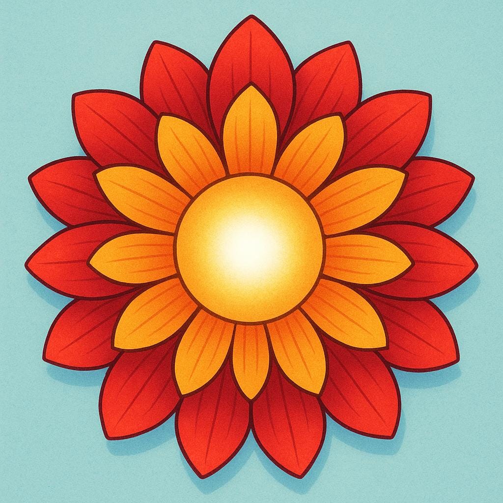 A close-up of a large, stylized, vibrant red and yellow flower. The central disk of the flower is glowing intensely, symbolizing the essential core or essence.