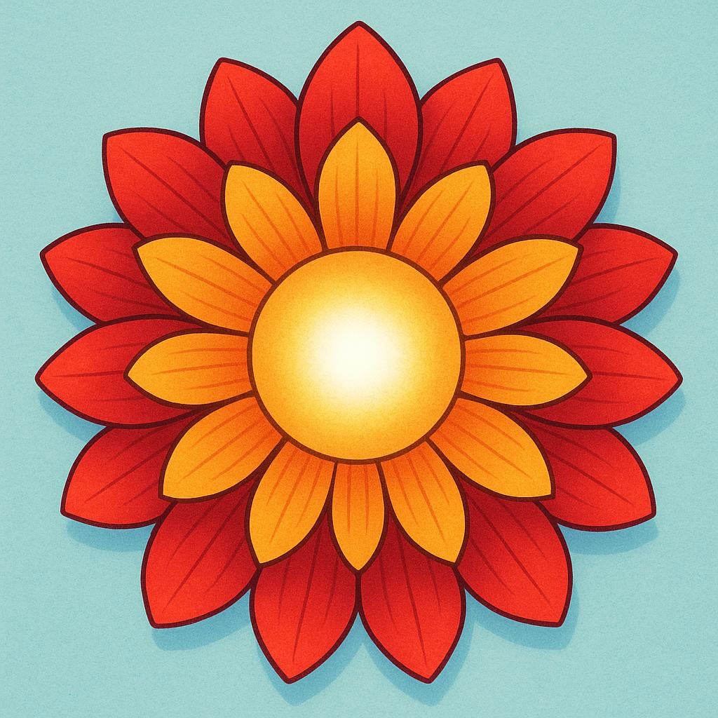 A close-up of a large, stylized, vibrant red and yellow flower. The central disk of the flower is glowing intensely, symbolizing the essential core or essence.