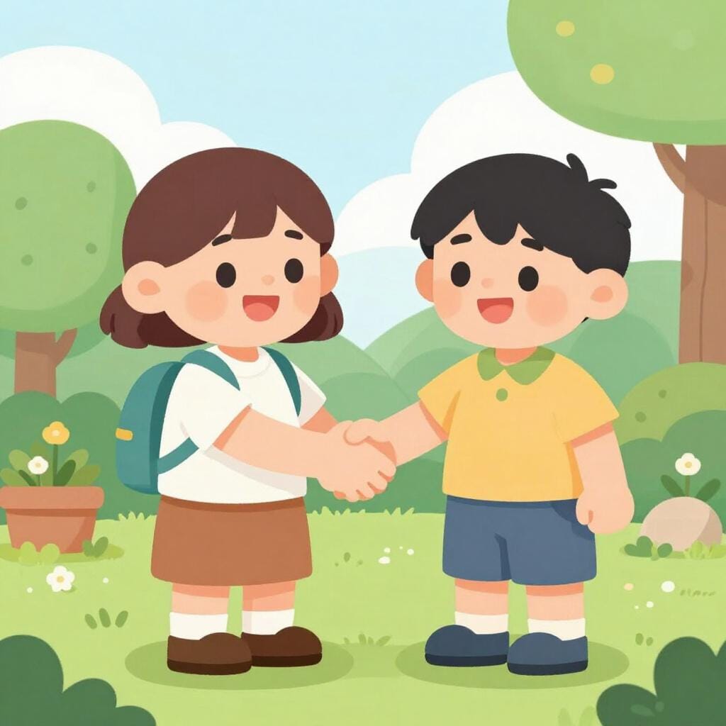 Two people smiling and shaking hands warmly in a friendly greeting.