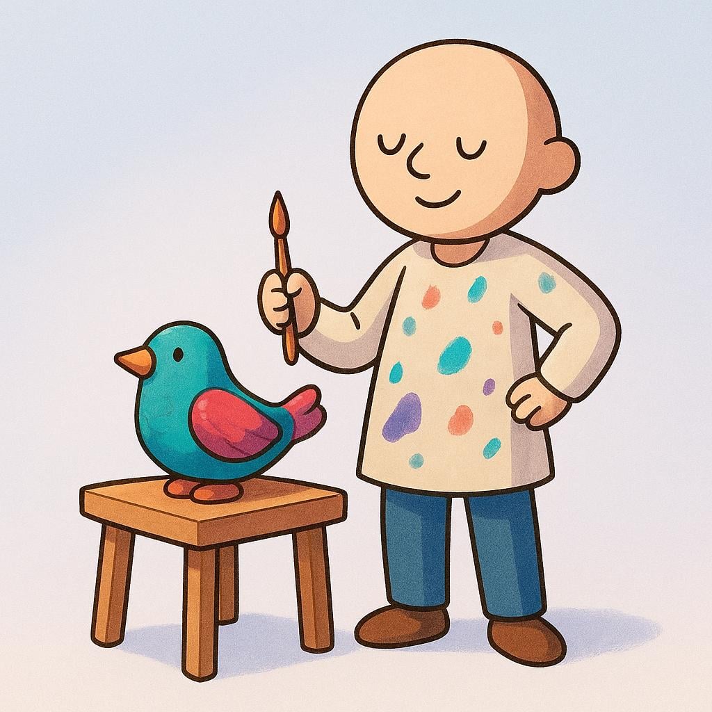 A high quality simple colorful storybook illustration showing a child smiling proudly next to a small, newly finished clay sculpture of a colorful bird, holding a modeling tool in their hand.