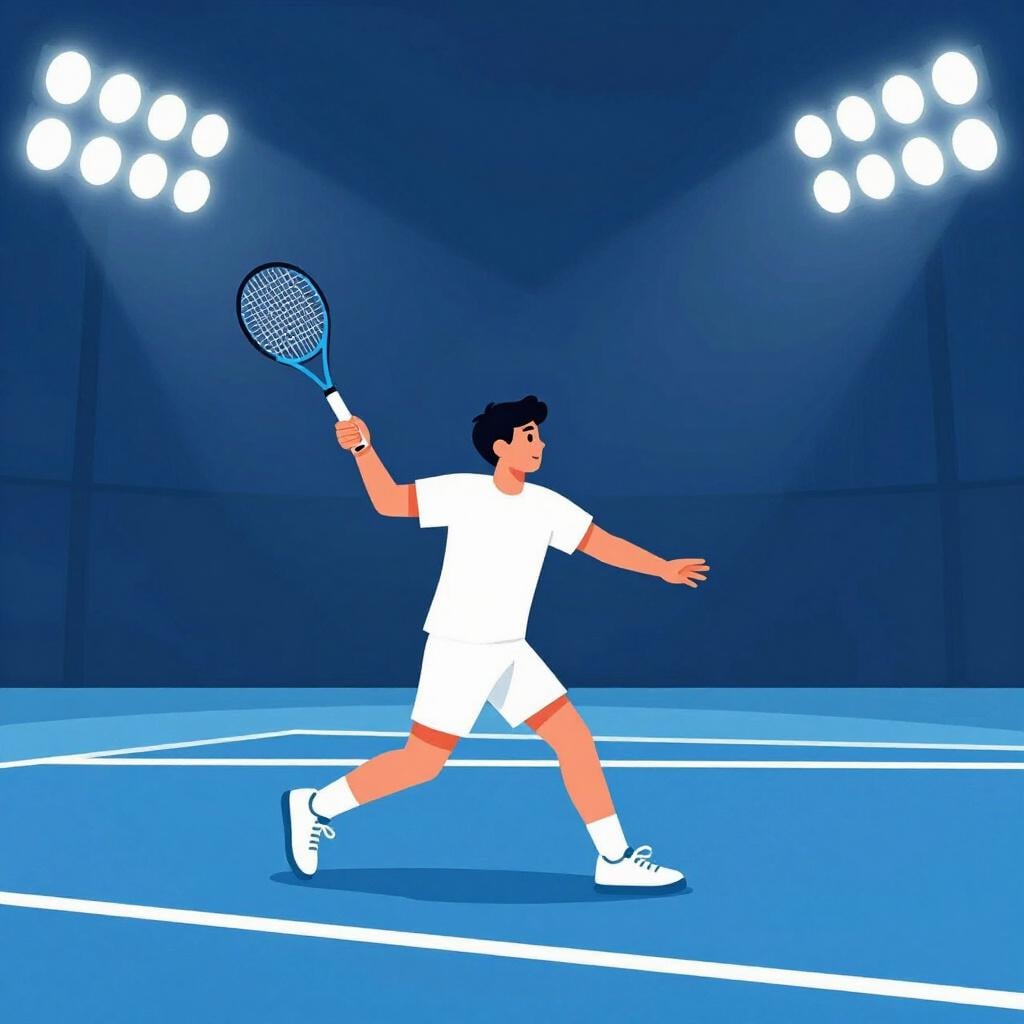 Un joueur de tennis frappant une balle avec une raquette sur un court bleu vif lors d'une étape de tournoi.