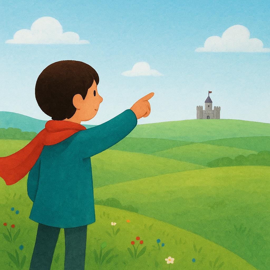 A colorful illustration of a person standing on a grassy hill, pointing across a wide valley towards a small, distant stone castle.