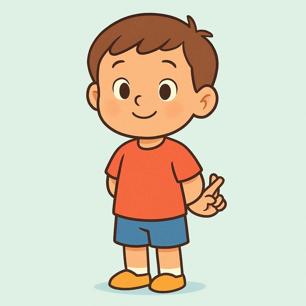 A drawing of a cheerful child character standing and smiling innocently, while keeping their fingers crossed behind their back, symbolizing deceit or lying.