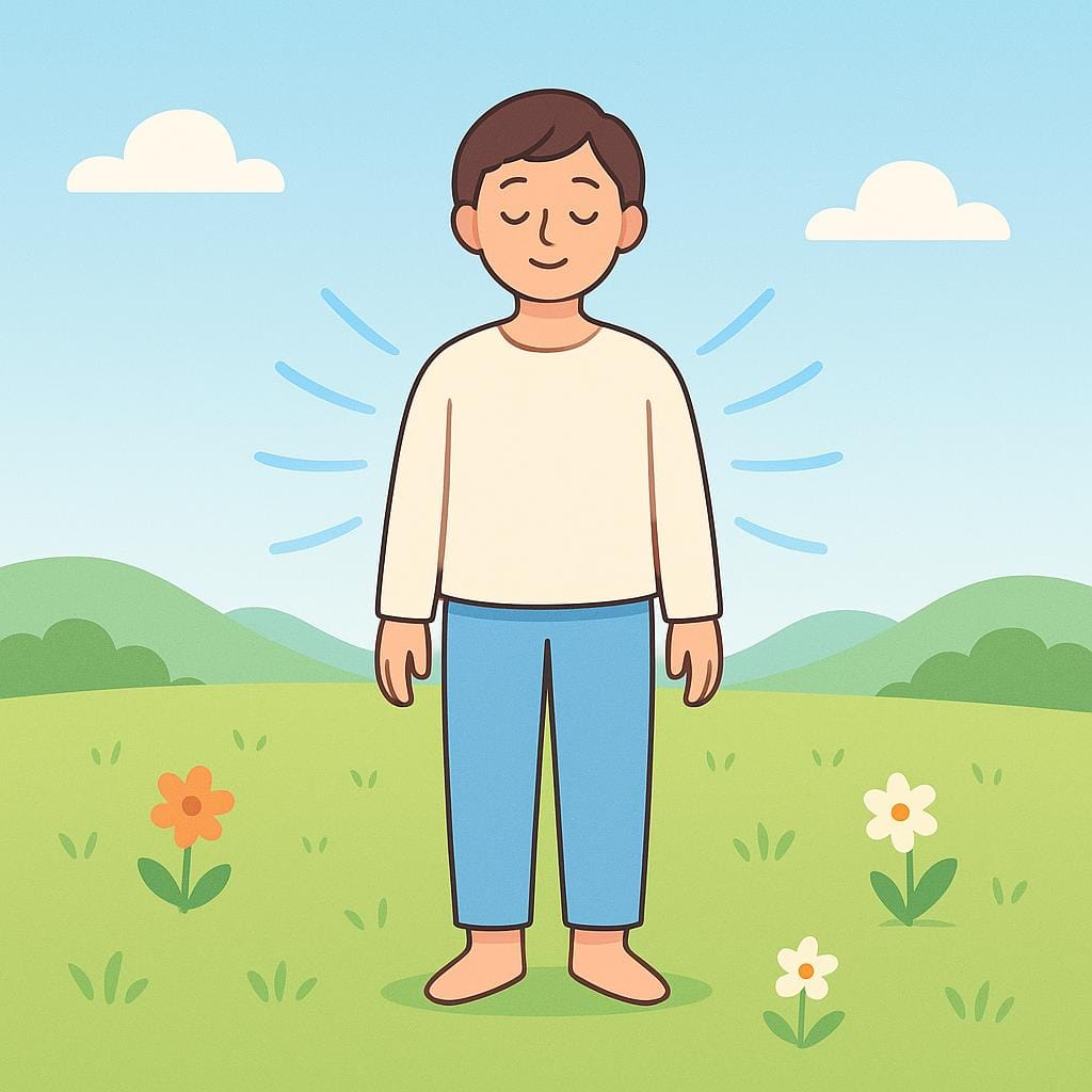 A simplified illustration of a person standing calmly in a bright, open space. Stylized, light blue lines arc outward from their chest, visually representing the action of breathing.