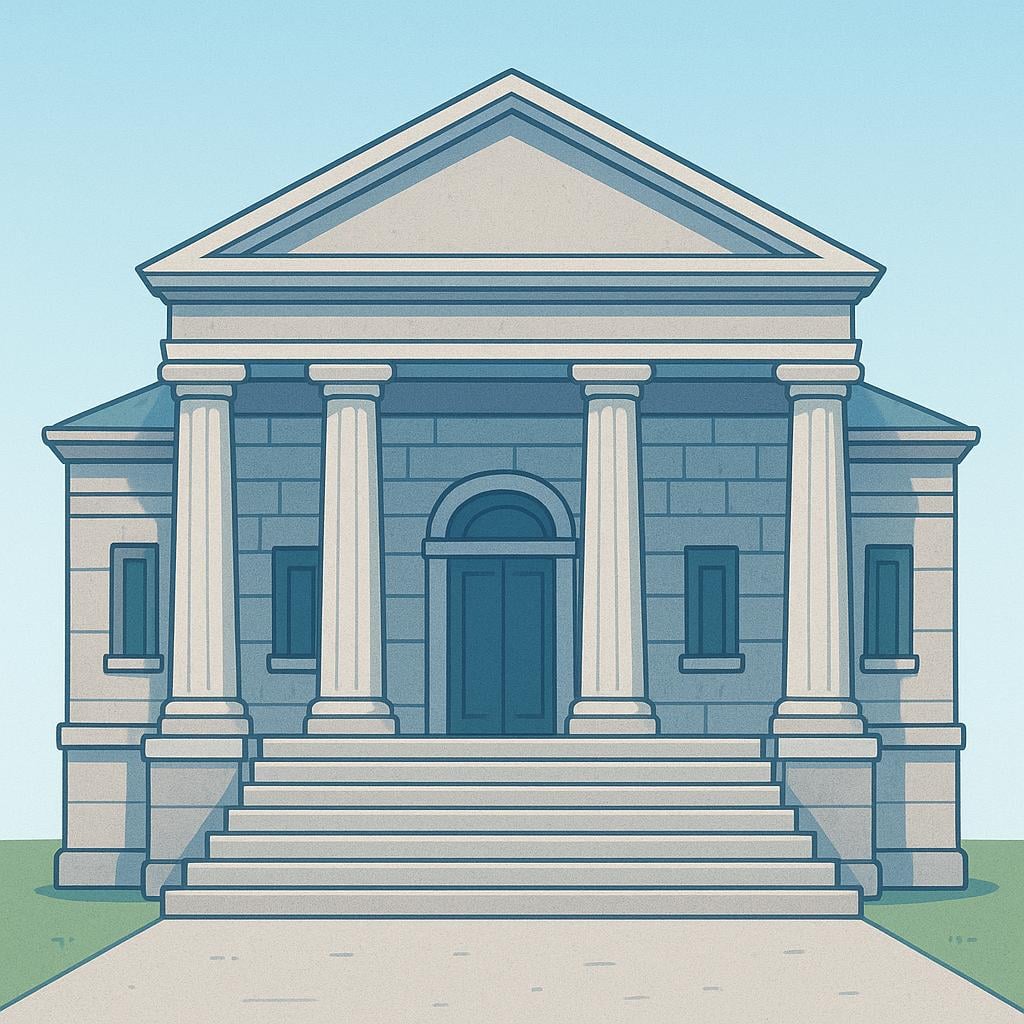 A simple illustration of a grand, stylized stone courthouse building with large columns, representing the legal institutions.