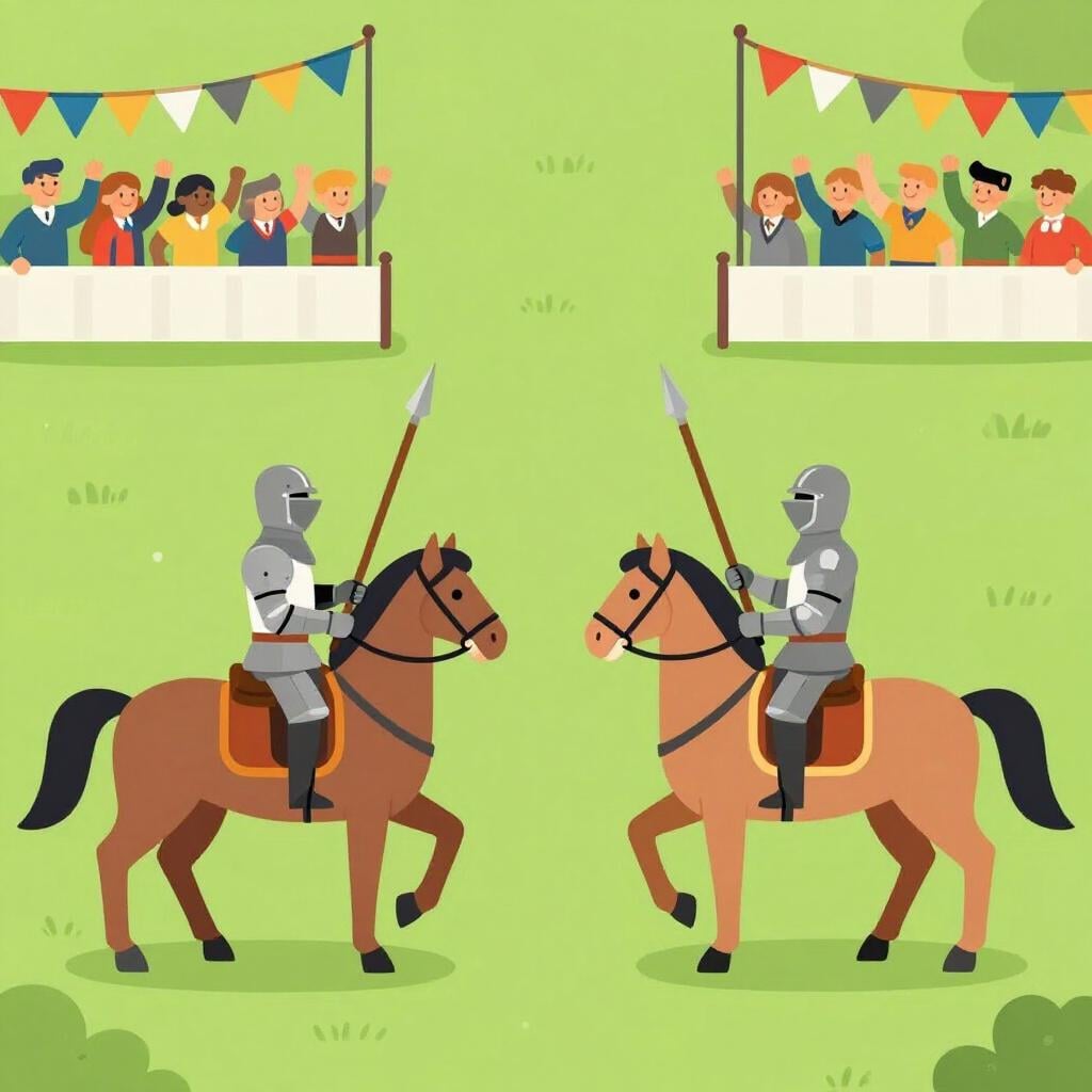 Deux chevaliers en armure colorée s'affrontant amicalement avec des lances en bois.