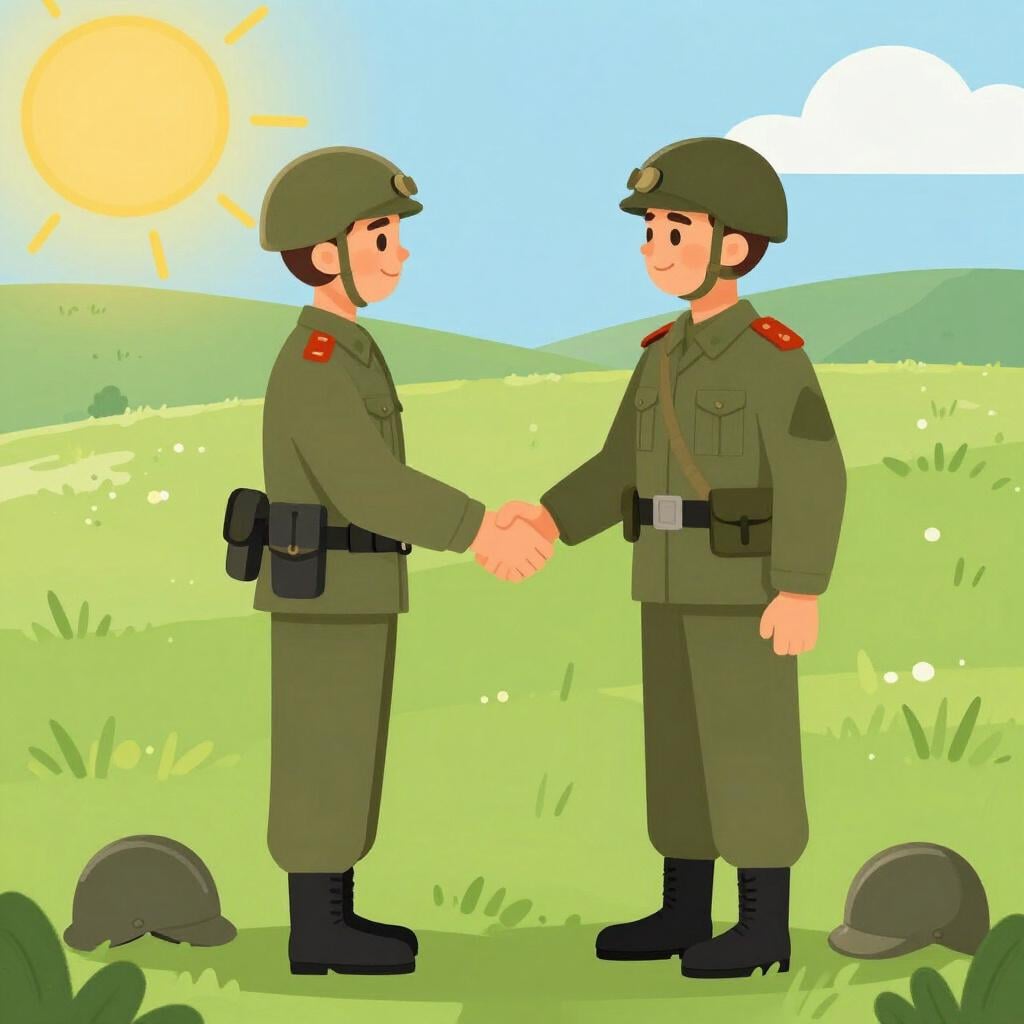 Two soldiers from opposing sides shaking hands in a green field with their helmets resting on the grass.