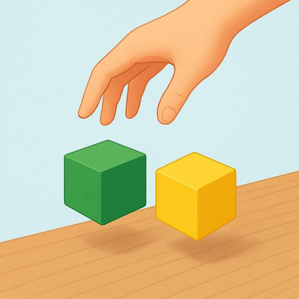 A human hand releasing two simple, oversized, colorful dice onto a wooden table, illustrating a game of chance.