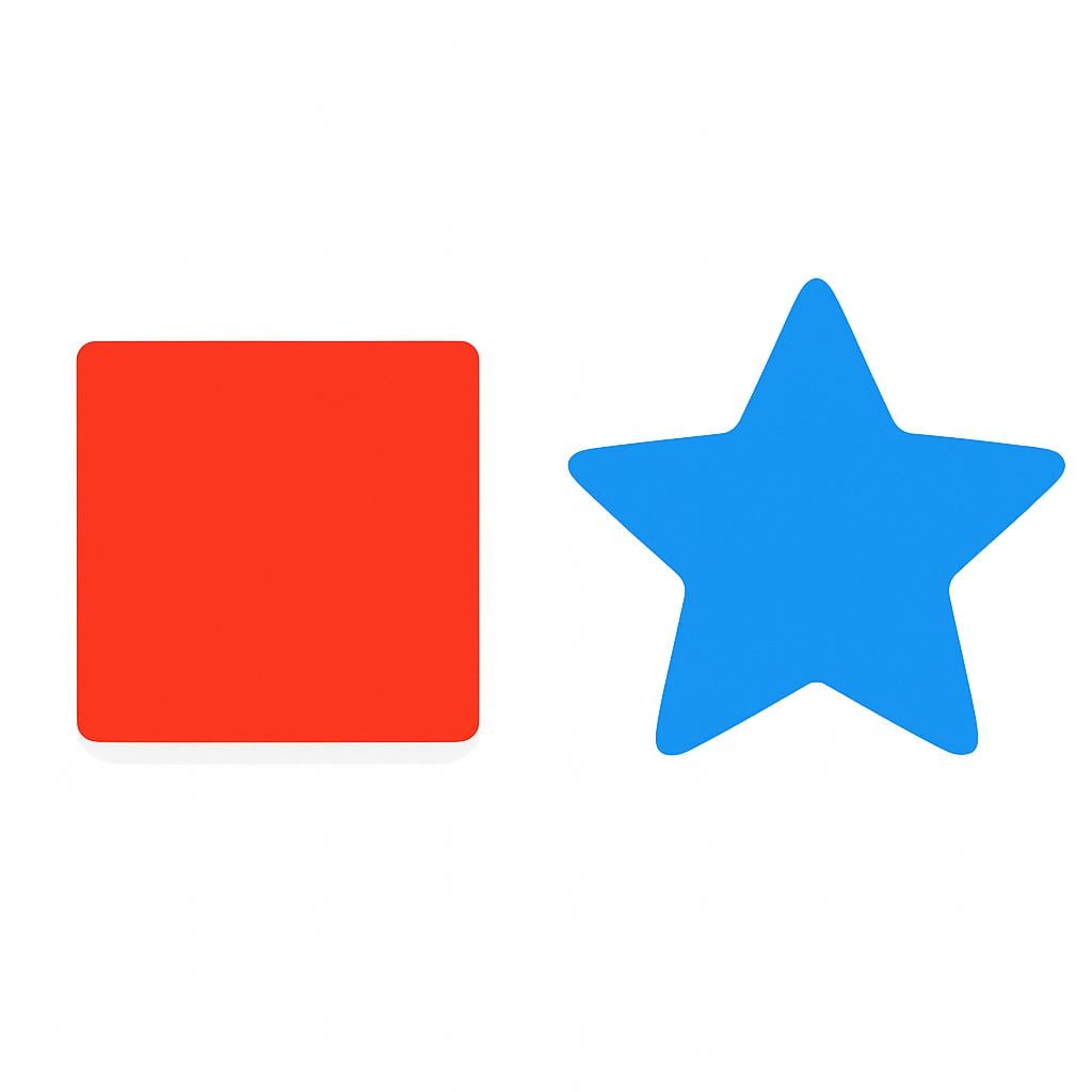A bright red square placed next to a bright blue star, illustrating a clear difference in shape and color.