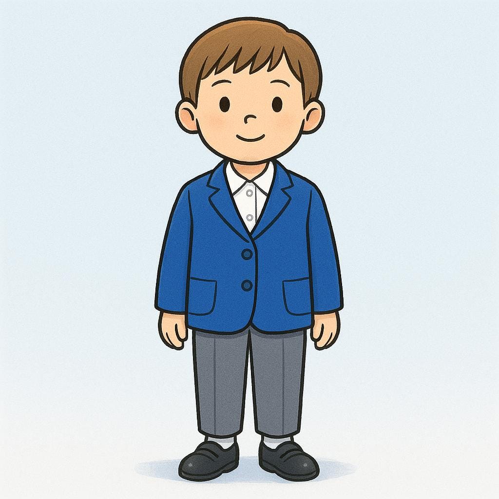 A child standing straight, wearing a standardized school uniform with a blue blazer, white shirt, and gray pants.
