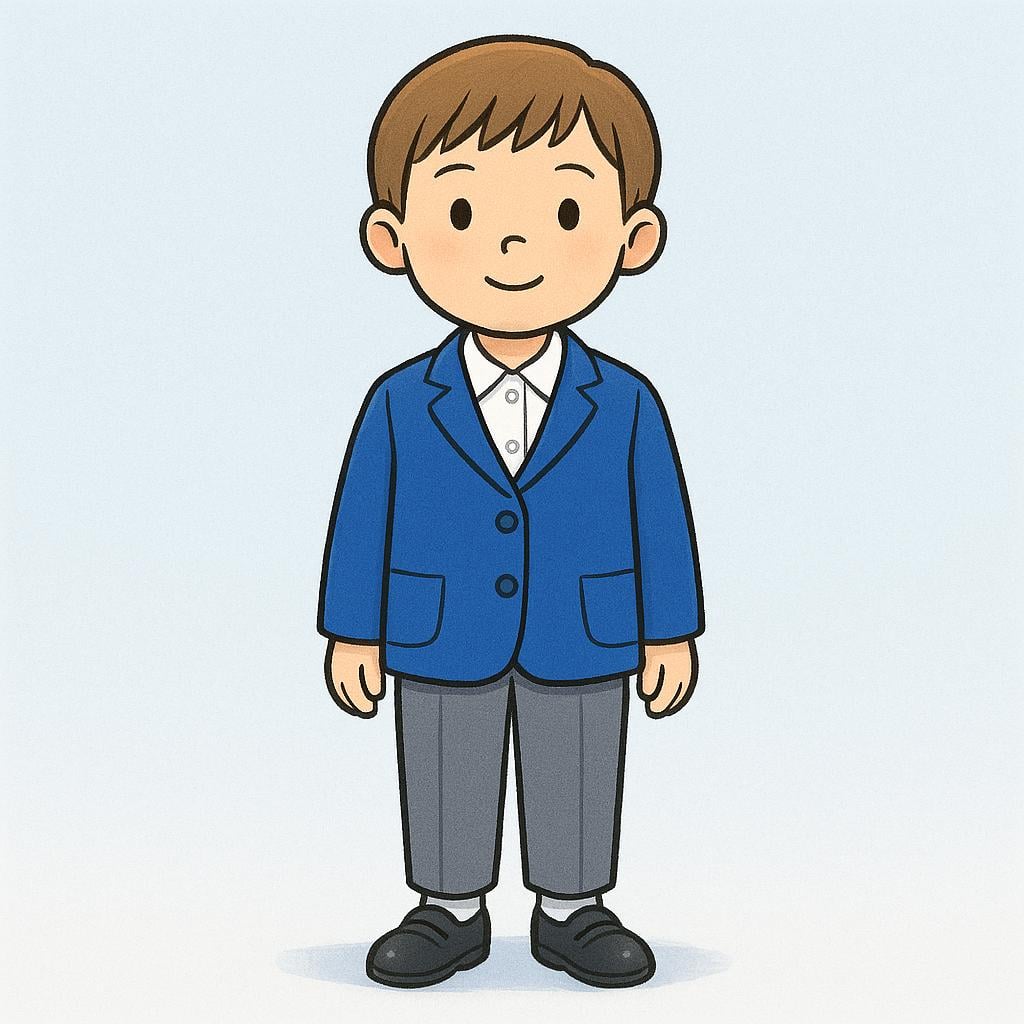 A child standing straight, wearing a standardized school uniform with a blue blazer, white shirt, and gray pants.