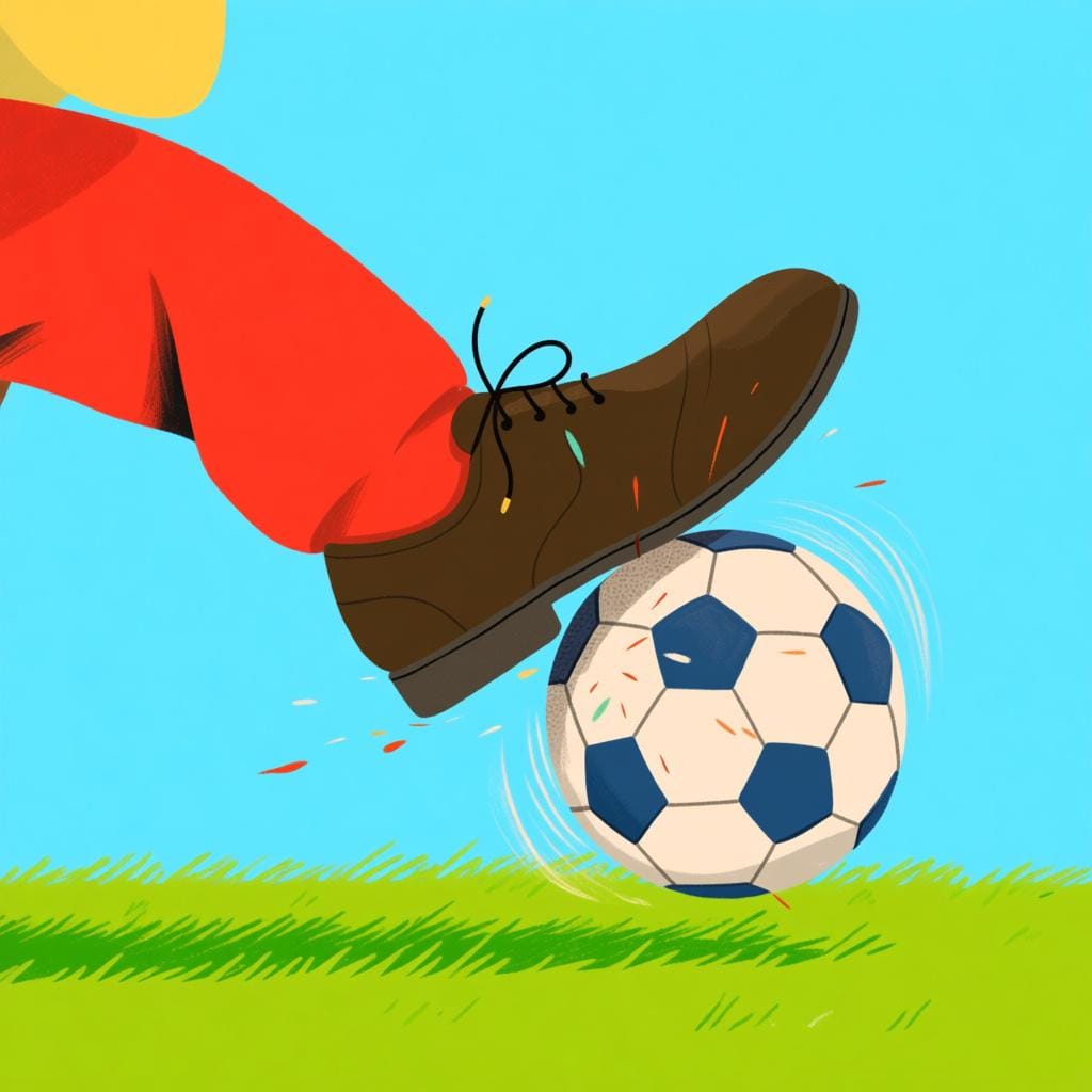 A close-up of a shoe making forceful contact with a striped soccer ball on a green field.