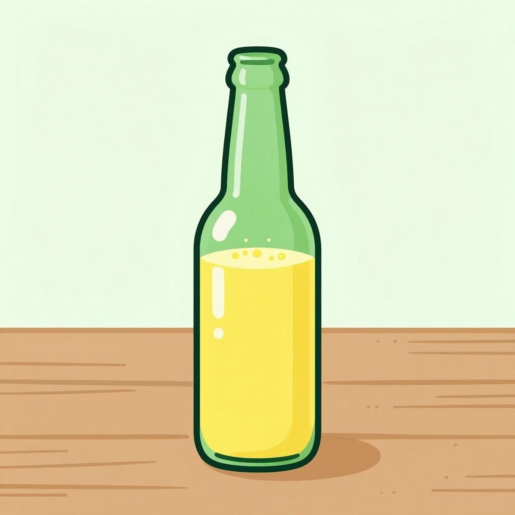 A green glass bottle with bubbling liquid inside.