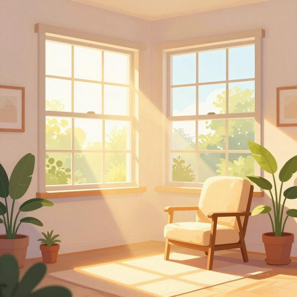 A bright, airy living room with large windows letting in golden sunlight that illuminates the wooden floor and a green plant.