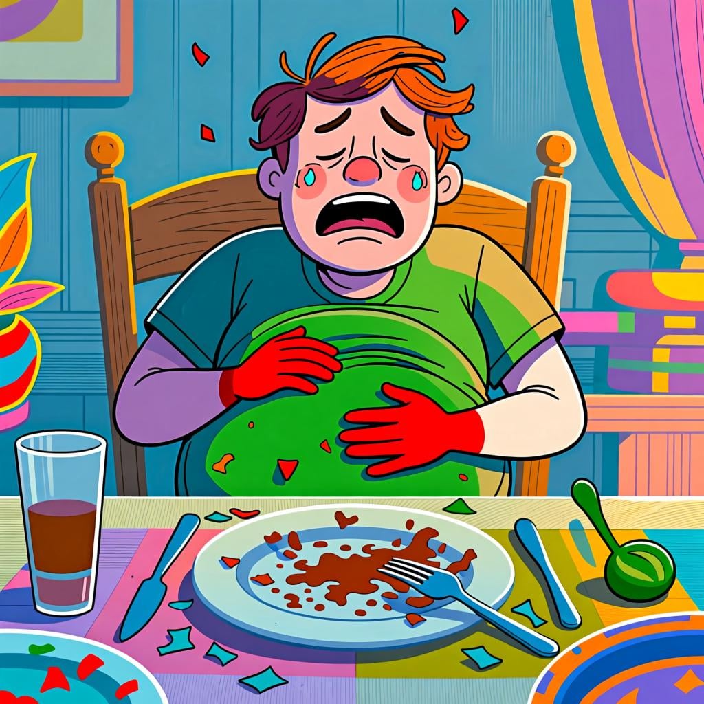 A person sitting at a table with an empty dessert plate, holding their distended stomach in satisfied discomfort.