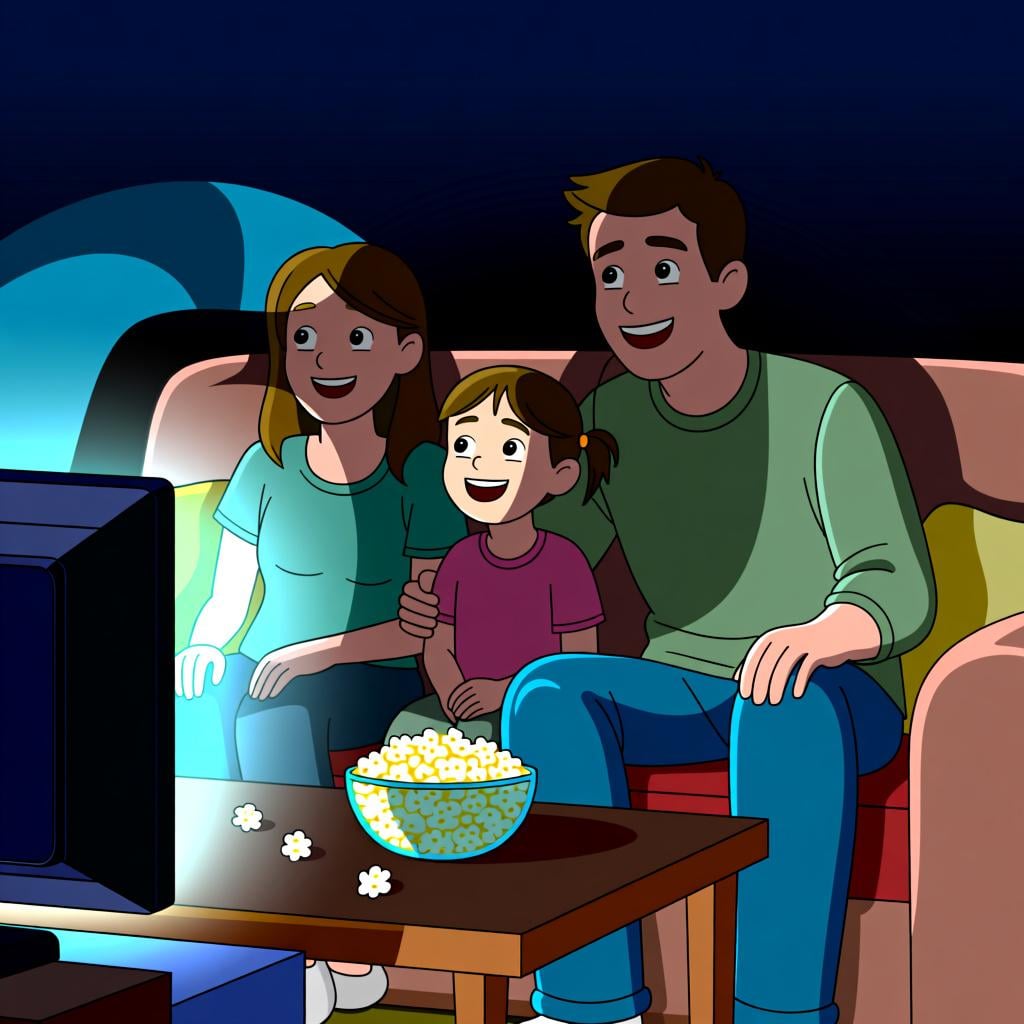 A family sitting on a couch, smiling and watching a television screen, illustrating the concept of watching a show.